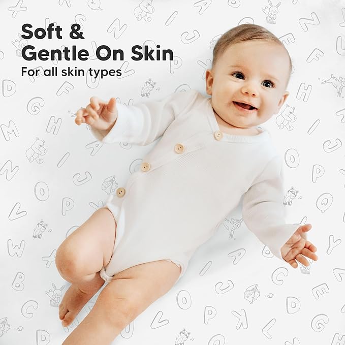 2-Pack Mini Crib Sheets Fitted - 38x26 Pack N Play Sheets for Pack and Play Mattress, Organic Cotton, Soft & Breathable Playard Bedding, Neutral Mini Toddler Bed Cover for Boys, Girls (ABC Land)