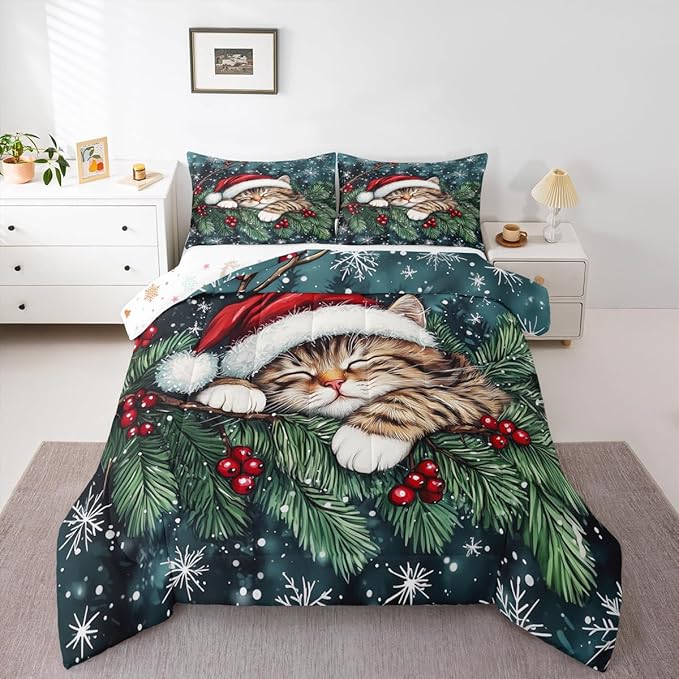 Cute Cat Kid Comforter Set Full Size,Winter Holly Berry Snowflake Bedding Set,Girl Boy Room Decor,Animal Merry Christmas Poinsettia Quilt Comforter,Dark Green Duvet Set Bedroom Quilt Set,2 Pillowcases