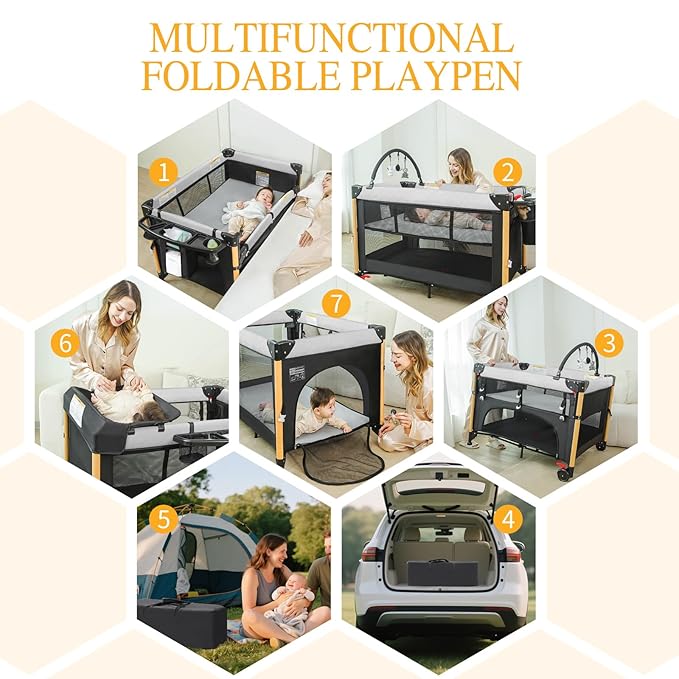 Baby Bassinet Bedside Crib for Travel with One-Hand Setup 5-in-1 Foldable Baby Playpen, Portable Pack and Play with Bassinet,Diaper Changer & Adjustable Mattress for Newborn to Toddler (Black)