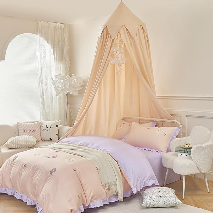 Bed Canopy for Kids, Girls Bed Curtain Bed Room Decor Hanging House Castle Reading Nook Dreamy Canopy(Light Yellow)