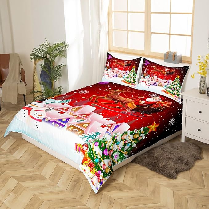 Manfei Christmas Duvet Cover Set Queen Size, Snowman Xmas Tree Bedding Set for Kids Boys Girls, Santa Claus with Reindeer Comforter Cover New Year Theme Quilt Cover with 2 Pillowcases, No Comforter