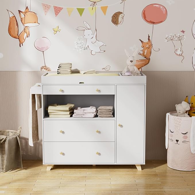 PAKASEPT Nursery Dresser with Baby Changing Table, Modern Diaper Changing Station, Dresser for Nursery with 2 Drawers & Shelves, Storage Crib with Changing Table, White