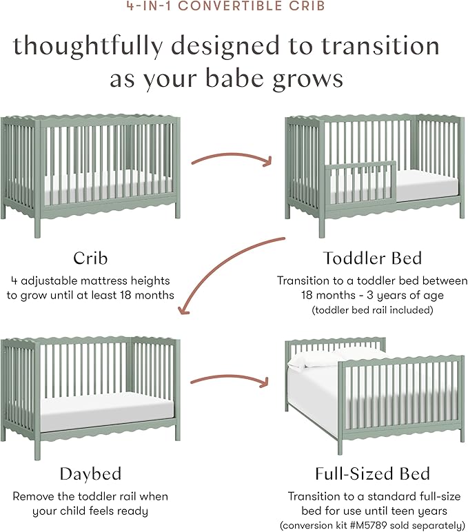 babyletto Swell 4-in-1 Convertible Crib with Toddler Bed Conversion Kit in Light Sage, Greenguard Gold Certified, Made of 100% Solid Wood
