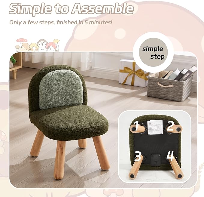 Kid Chairs Sherpa Toddler Chairs Comfy Kids Desk Chair, Wood Toddler Couch Sofa, Soft Kid Reading Chair with Padded Back, Boy Girls Chair for Deskk, Desk Chair for Kids Bedroom/Playroom, Green