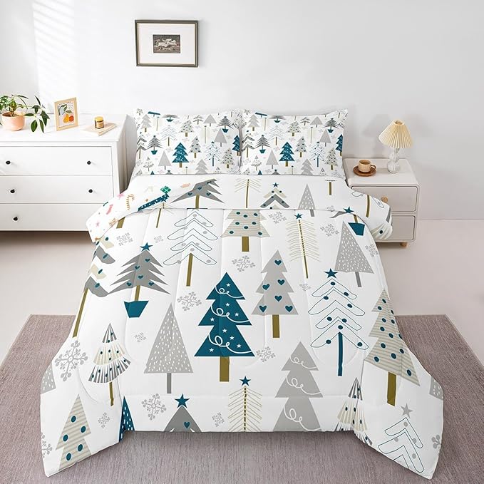 Xmas Trees Comforter Set King Size,Merry Christmas Pine Hand Drawn Bedding Set All Season Quilt Set,Blue Plant Snowflakes Winter Microfiber Polyester Down Comforter