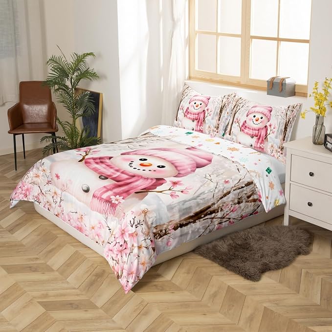 Manfei Christmas Kids Duvet Cover Set King Size, Cute Snowman Xmas Bedding Set for Boy Girls Room Decor, Pink Flower New Year Comforter Cover, Soft Polyester Quilt Cover, 2 Pillowcases, No Comforter