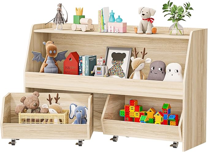 COZPAW Toy Storage Organizer, 2 Tier Montessori Shelf with Movable Bins, Toy Organizers Book Shelf for Kids Room, Playroom, Nursery (Wood)