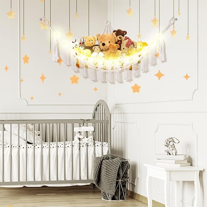 Stuffed Animal Hammock with LED Light, Large Stuffed Animals Storage Corner Plushie Net for Kids Room Decor, Jumbo White