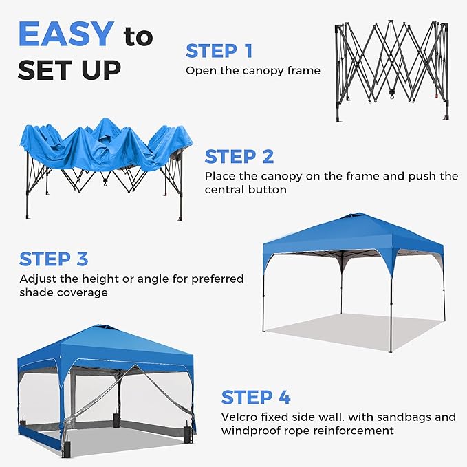 GDY 12x12FT Pop Up Canopy Tent with One Push Setup, Easy Setup Gazebo with 4 PVC Transparent Sidewalls for Events, Parties, Camping, Blue.