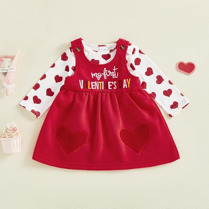 FIOMVA My First Valentines Day Outfit Clothes Baby Girl Romper Love Onesie Heart Embroidery Overalls Suspender Dress Set