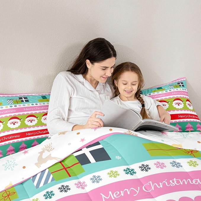 Feelyou Merry Christmas Comforter Set Toddler Size Santa Claus Bedding Set for Kids Boys Girls Xmas Tree Snowflake Duvet Quilt Striped Bedroom Decor Microfiber 2 Pcs with 1 Pillow Cases