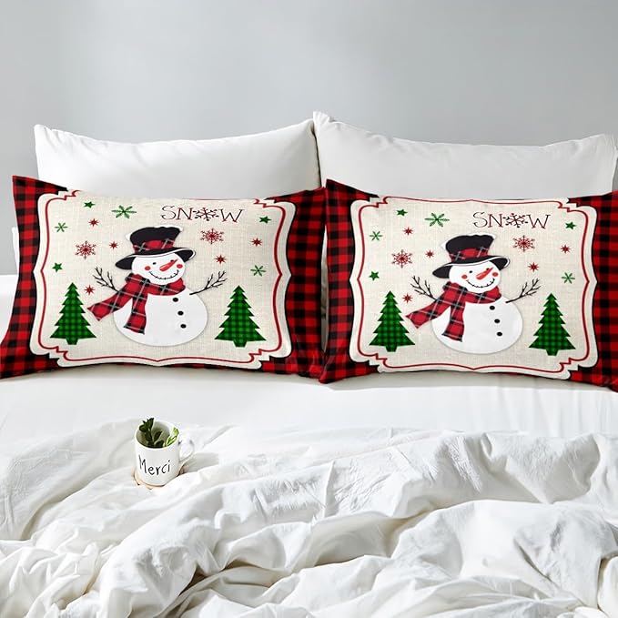 Manfei Cute Snowman Duvet Cover Set King Size, Xmas Trees Snowflake Comforter Cover with 2 Pillowcases, Christmas Theme Red Plaid Bedding Set 3pcs for Kids Girls New Year Bedspread Cover,No Comforter
