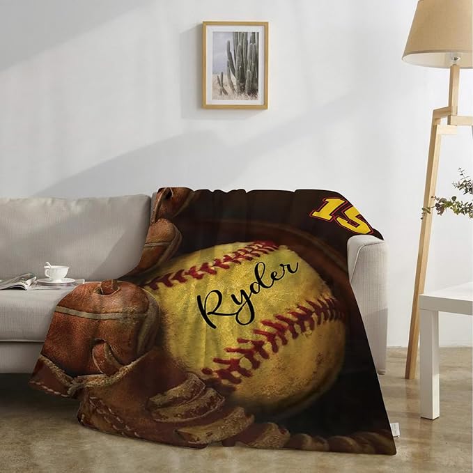 Custom Baby Softball Blanket with Name Number: Personalized Fluffy and Warm Gift for Baby Toddler Kids and Adults Birthday Skin-Friendly Flannel Fabric(30"x40")