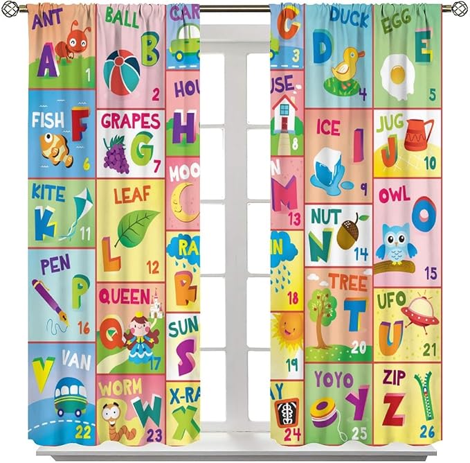 Colorful ABC Classroom Nursery Curtains Kids Alphabet Learning Baby Boys Girls Curtain with Rod Pocket for Children Toddler Playroom Home Drapes Window Treatments 2 Panels Set 52" W X 84" L