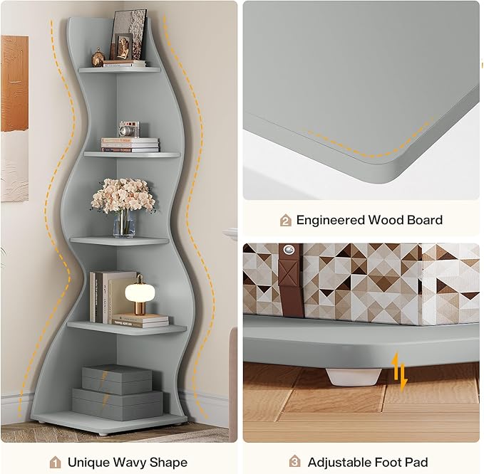 Tribesigns Wavy Corner Shelf, Modern 5-Tier Bookshelf Bookcase with Curvy Shape, Unique Plant Stand Display Rack for Living Room Small Space (Blue)