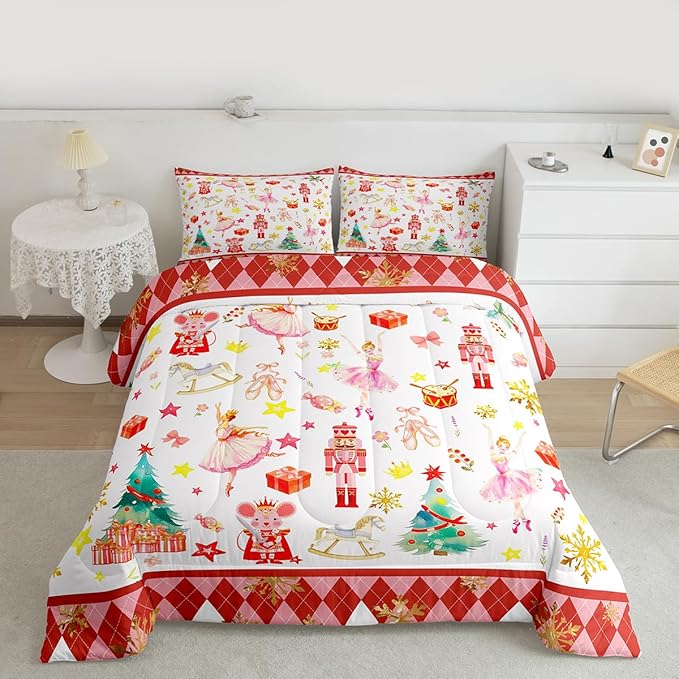 Feelyou Christmas Comforter Set All Season Ballet Nutcracker Bedding Set with 2 Pillow Cases Snowflake Kids Full Bedclothes Bedroom Decor Duvet Quilt Breathable Soft Lightweight