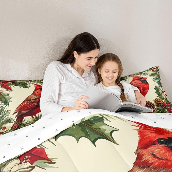 jejeloiu Kids Red Cardinal Comforter Set Full Size Christmas Tree Green Plants Bedding Set for Boys Girls Teens Xmas Birds Animal Winter Happy New Year Duvet Quilt Room Decor