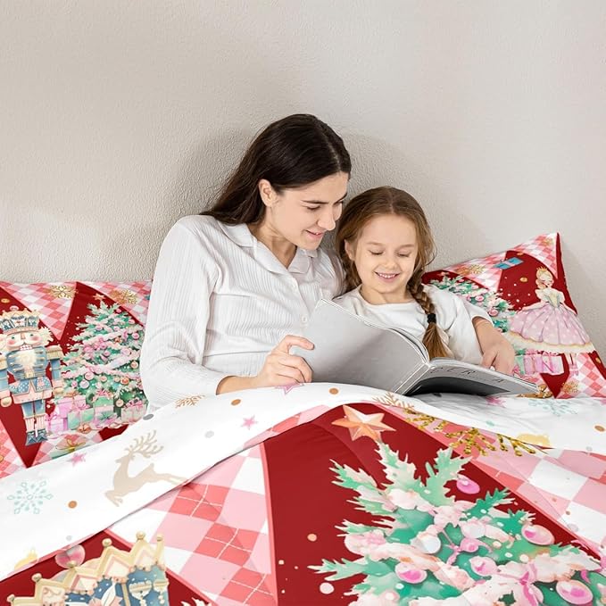 jejeloiu Christmas Nutcracker Comforter Set Queen Size Gingerbread Man Bedding Set for Kids Boys Girls Xmas Tree Duvet Quilt Red Bedroom Decor