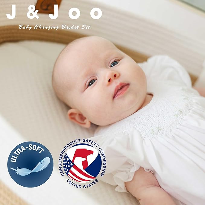 J&JOO Baby Changing Basket Set Includes Diaper Caddy - Waterproof Dual-Cover, Portable, Changing Pad for Dresser & Changing Table, Gift for Baby Shower, Cotton Rope Basket for Baby