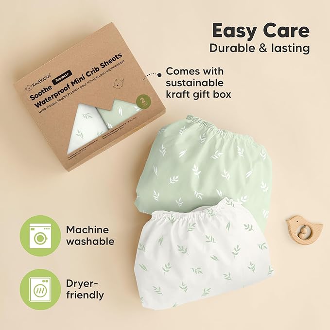 2-Pack Pack and Play Sheets, Waterproof Mini Crib Sheets Fitted - Organic Cotton Pack N Play Sheets for Graco Pack and Play Mattress, Playard Baby Crib Sheets, Neutral for Boy, Girl, Toddler (Herb)