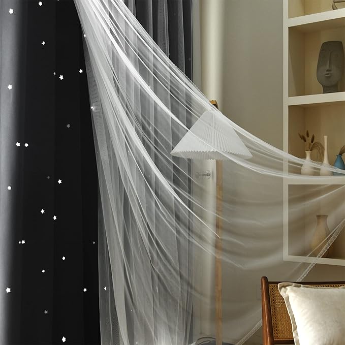 Kinryb Kids Blackout Curtains for Bedroom/Living Room/Classroom, Sheer Overlay Small 2 Panel Set, Double Layer Curtains with Star Cutout for Kids Room(W 52 x L 45 Inches,Black 2 Pcs)