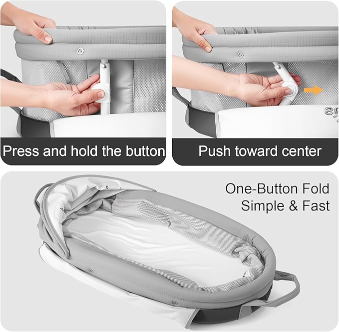SUNVENO Handheld Portable Baby Bassinet with Removable Canopy, Foldable Travel Cradle, 6 Carry Handles, Breathable Mesh & Water-Resistant Base, Newborn Indoor/Outdoor Travel Bed