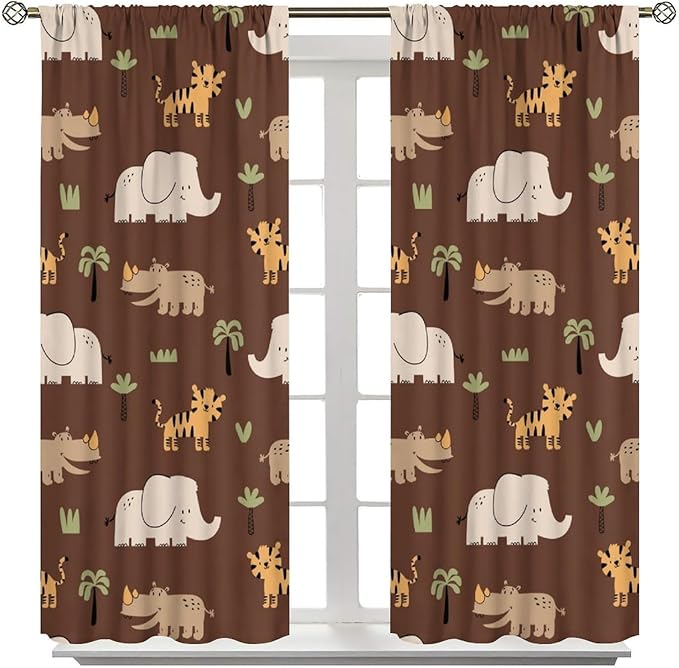 Jungle Safari Animals Blackout Curtains Cartoon Tropical Forest Animals Elephant Tiger Brown Art Print for Kids Boys Bedroom Nursery Rod Pocket Decoration Window Drapes 2 Panels W21xL63in