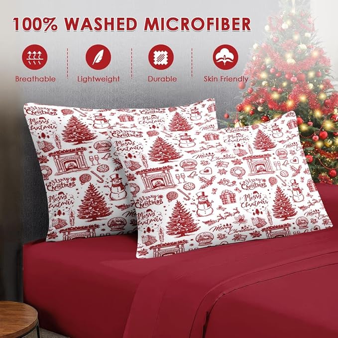 7 Pcs Queen Size Christmas Comforter Set with 2 Pillowcases & 2 Shams, Happy Xmas Red Pine Tree Bedding for Kids and Adults, Merry Winter Bed in a Bag with Flat Fitted Sheet