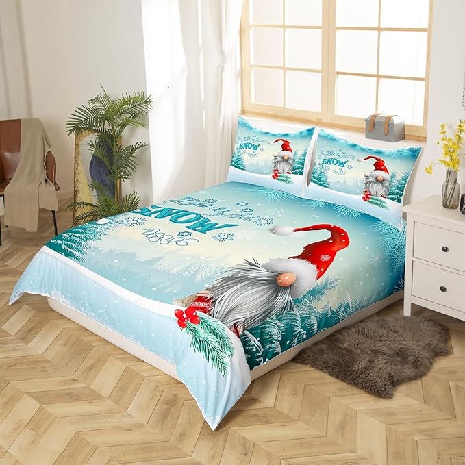 Manfei Winter Duvet Cover Set King Size, Christmas Gnomes Bedding Set 3pcs for Kids Boys Girls Bedroom Decor, White Snowflake and Trees Print Xmas Comforter Cover with 2 Pillowcases,No Comforter