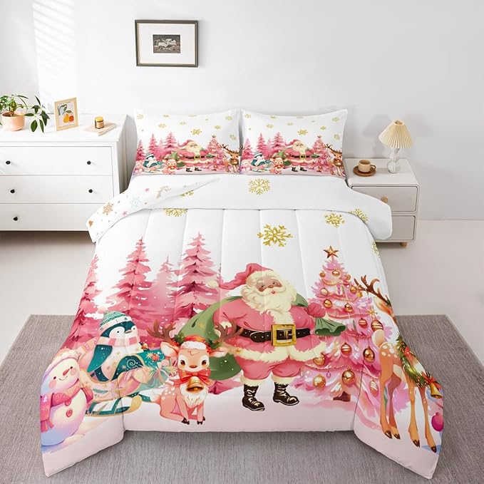 jejeloiu Merry Christmas Comforter Set Queen Size Santa Claus Bedding Set for Kids Boys Girls Cute Deer Duvet Quilt White Bedroom Decor