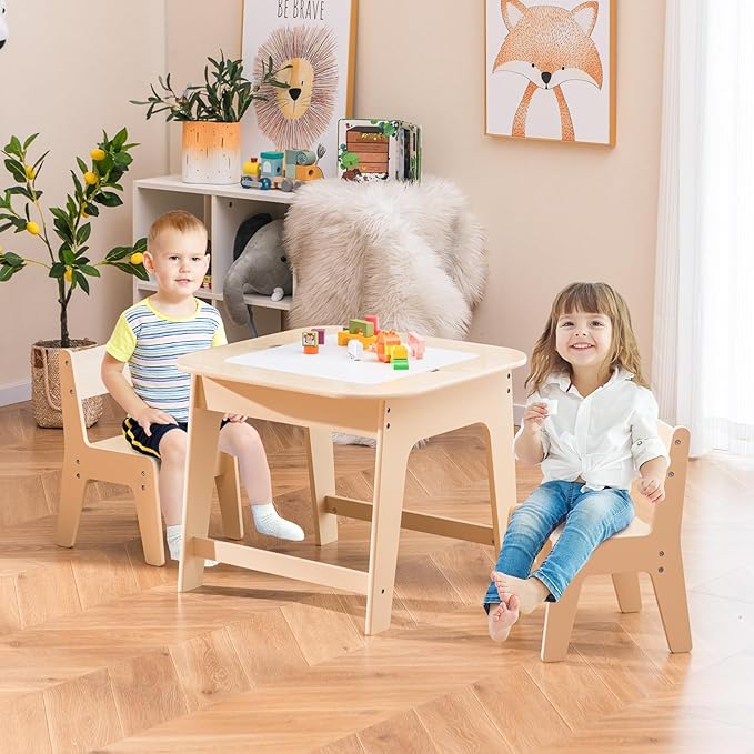INFANS Kids Table and Chair Set, 3 in 1 Wooden Activity Table with Removable Tabletop, Blackboard and Whiteboard for Toddlers Arts Crafts Drawing Reading Playing, Playroom Nursery (Natural)