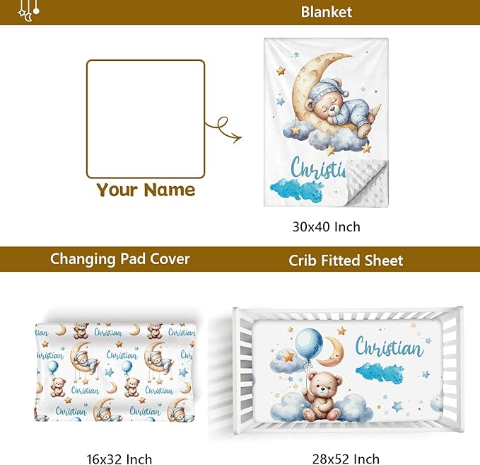Custom Name Crib Bedding Set, 3 Pcs Personalized Baby Crib Bedding Set, Soft Blue Moon Bear Nursery Crib Sets for Boys Girls, Double Layer Toddler Bedding Set Customized Gifts for Newborn Kids