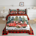 Merry Christmas Comforter Set King Size,Retro Red Truck Christmas Tree Duvet Insert for Kids Boys Girls Room Decor,Gnome Snowflake Xmas Bedding Set 3Pcs,Black Red Plaid Quilt Set,2 Pillowcases