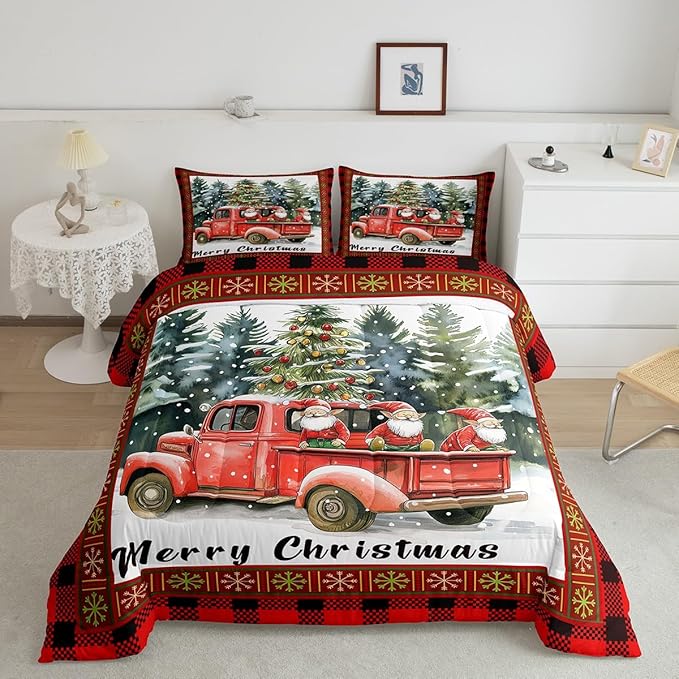 Merry Christmas Comforter Set King Size,Retro Red Truck Christmas Tree Duvet Insert for Kids Boys Girls Room Decor,Gnome Snowflake Xmas Bedding Set 3Pcs,Black Red Plaid Quilt Set,2 Pillowcases