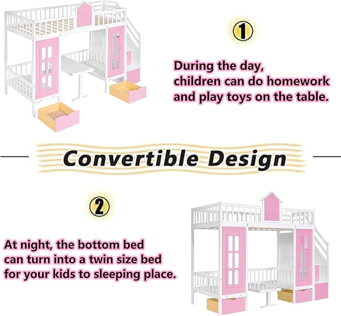 Twin Over Twin Castle House Loft Bed with Stairs and Storage Drawers,Solid Wood Princess Convertible Bunk Bed with Desk and Seat (Pink (Convertible))