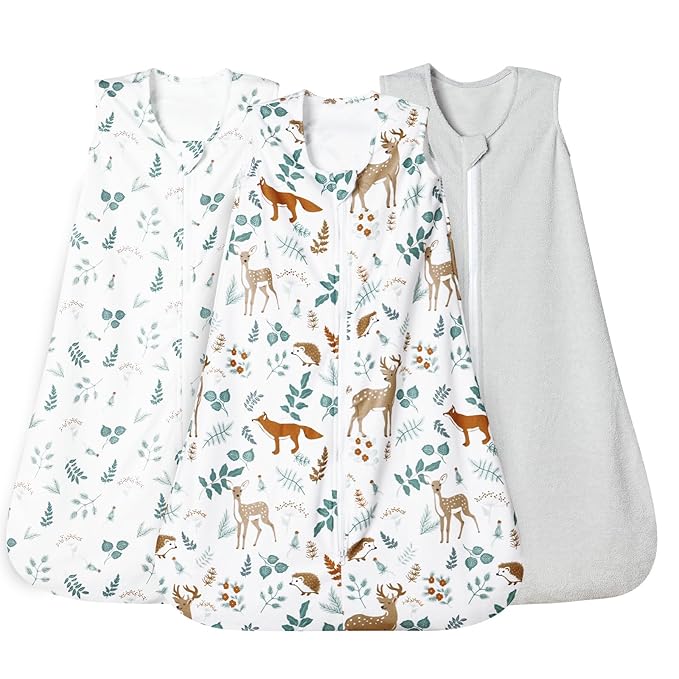 david's kids 3 Pack Warm Micro Fleece Baby Sleep Sack 12-18 Months, Soft Baby Wearable Blankets with 2-Way Zipper, Comfy Winter Sleeping Bags for Toddler Boys Girls Neutral, Large Size, Animal Forest