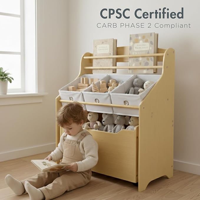Humble Crew 3-in-1 Kids Bookshelf and Toy Storage Organizer, Natural/White - Toddler Organizers with Rolling Toy Box and 3 Fabric Bins – Sturdy Baby Book Shelf, Perfect for Nursery and Playroom