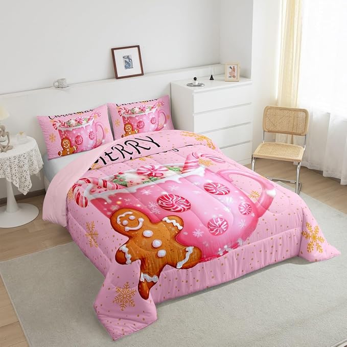 Erosebridal Merry Kids Queen Queen Comforter Set Christmas Decor Bedding Sets Pink Xmas Snowflake Down Comforter Dessert Gingerbread Man Bed Set for Boys Girls Teens