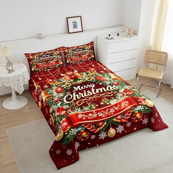 Merry Christmas Comforter Set King Size,Christmas Wreath Snowflake Duvet Insert for Kids Boys Girls Room Decor,Red Xmas Ball Glitter Bedding Set 3Pcs,Merry Christmas Theme Quilt Set,2 Pillowcases