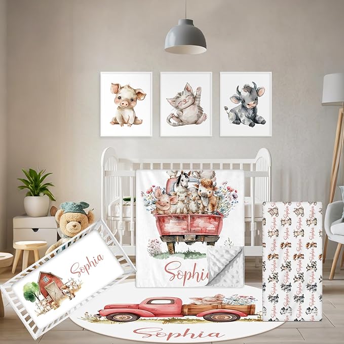 Custom Baby Crib Bedding Set, 5 Pcs Personalized Name Baby Crib Sets for Infant Toddler, Farm Animals Nursery Bedding Set for Boy Girl, Double Layer Flannel Baby Bedding Sets Customized Gifts