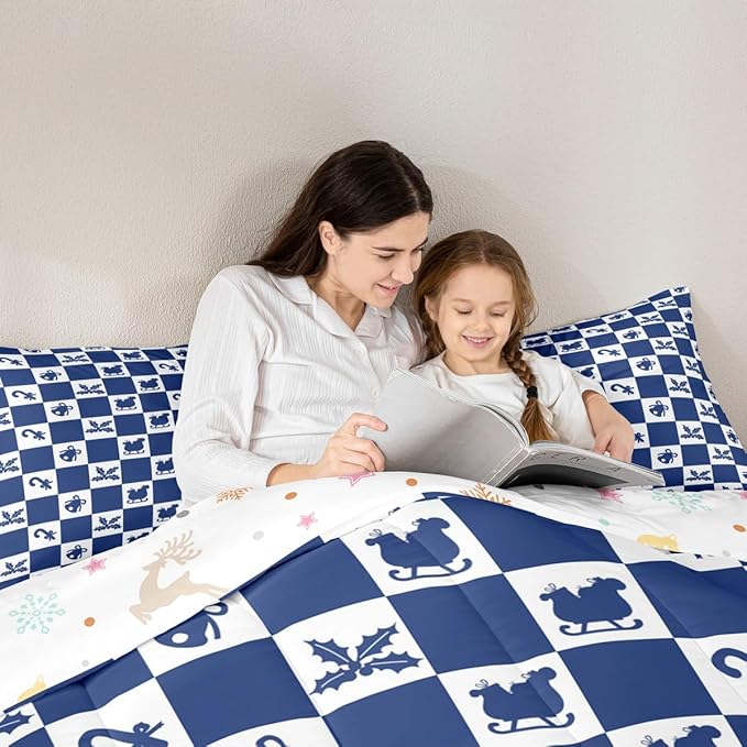 Feelyou Christmas Comforter Set All Season Checkered Pattern Bedding Set with 2 Pillow Cases Holiday Theme Kids Queen Bedclothes Xmas Decor Room Decor Blue Duvet Quilt Breathable Soft Lightweight