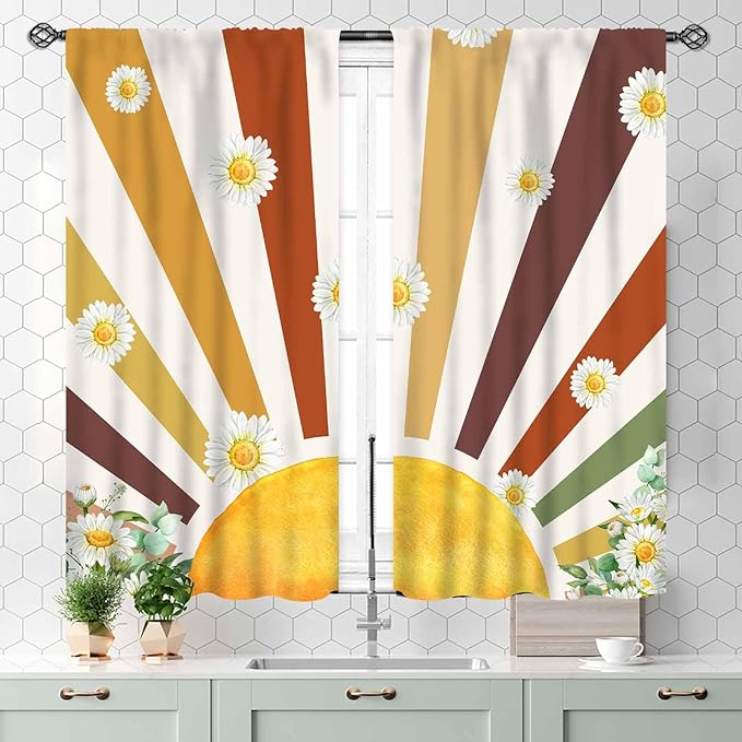 Boho Rainbow Curtains, Watercolor Bohemian Modern Abstract Daisy Floral Abstract Aesthetic Rainbow Blackout Window Treatments for Kids Girls Baby Bedroom Living Room Bathroom 2 Panels, 55x39 Inch