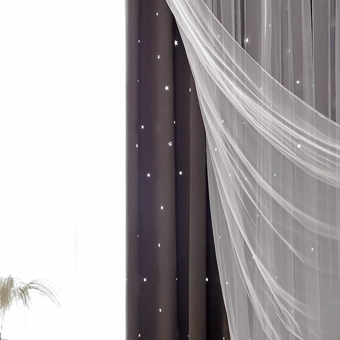 Kinryb Kids Blackout Curtains for Bedroom/Living Room/Classroom, Sheer Overlay 2 Free Tiebacks, Double Layer Curtains with Star Cutout for Kids Room(Each Piece W 70 x L 95 Inches 2 Pcs Chocolate)