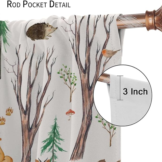 Forest Animal Kids Curtains, Watercolor Cartoon Window Treatments, Cute Animal Floral Girl Toddler Home Bedroom Living Room Drapes 84x84in