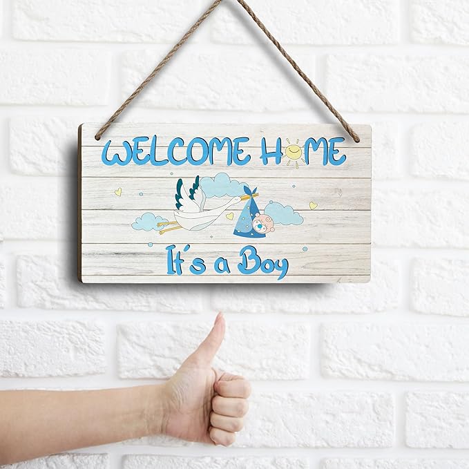 Welcome Home Newborn Baby It’s a Boy Wooden Door Sign, Baby Boy Signs for Door, Welcome Sign Décor for Front Door & Nursery, Hanging Newborn Announcement Plaque