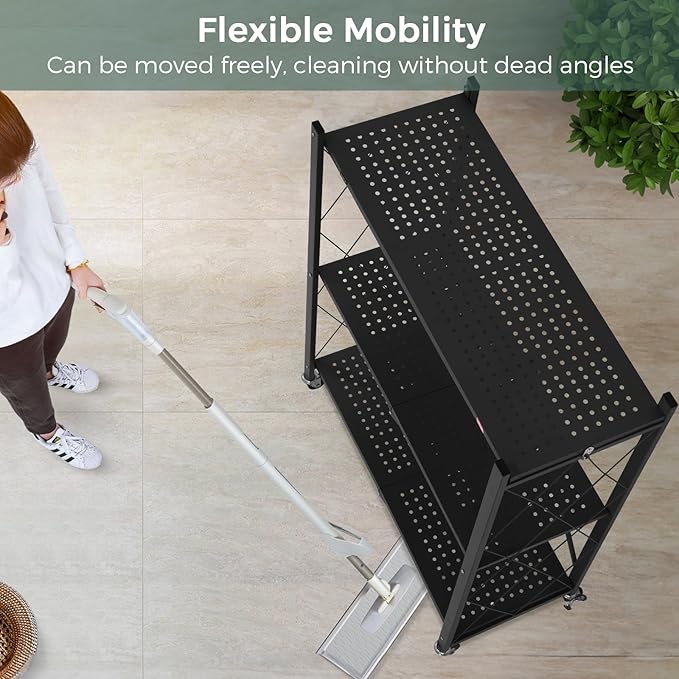 DEANIC 3 Tier Foldable Storage Shelves with Wheels, Kitchen Appliance Stand, Freestanding Metal Wire Shelf Rack, No Assembly Organizer Rolling Cart for Garage, Basement, Pantry(Black)