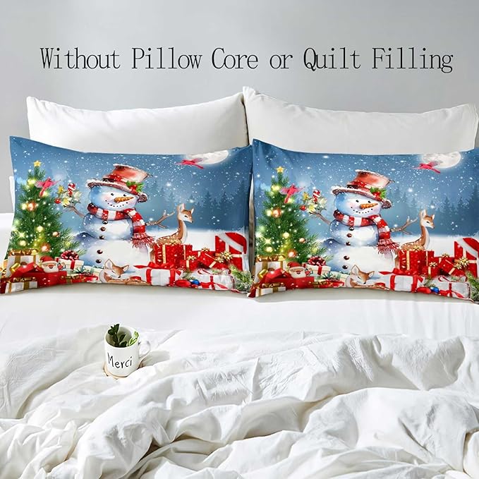 LUVIVIHOME 3PCS Cute Snowman Duvet Cover Full Bedding Set, Christmas Bedding, Santa Claus Deer Cardinal Christmas Tree Winter Holiday New Year Xmas Gifts Christmas Comforter Quilt Cover 2 Pillow Shams