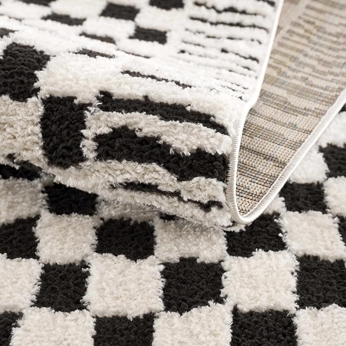 Hauteloom Leryn Contemporary Checkered Area Rug - Modern Geometric Bordered Carpet for Living Room, Bedroom - Checkboard Design - Square Tiles - High Pile - Black and White - 5'3" x 7' (5x7)