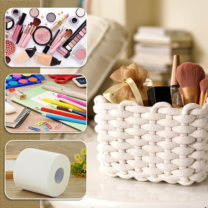 Small Storage Square Basket for Organizing, Cute Bedside Caddy for Little Items, Cotton Rope Woven Basket for Shelves, Bathroom, Dresser Top, Desk, Minimalist Chic Design for Nursery, Bedroom, Office