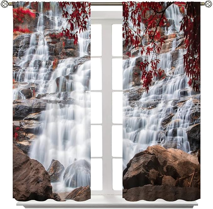 Waterfall Blackout Windows Curtains, Waterfall Red Forest Pattern Nature View Curtains, for Living Room Bedroom 42x45in 2 Panels